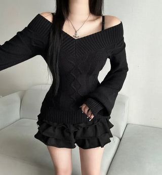 Cable Knit V-Neck Off-Shoulder Slim Fit Zoomy Waist-tight