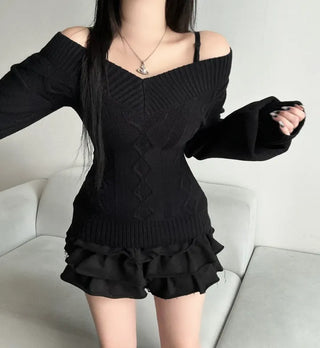Cable Knit V-Neck Off-Shoulder Slim Fit Zoomy Waist-tight