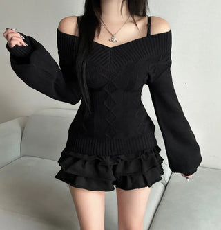 Cable Knit V-Neck Off-Shoulder Slim Fit Zoomy Waist-tight