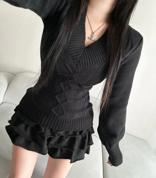 Cable Knit V-Neck Off-Shoulder Slim Fit Zoomy Waist-tight