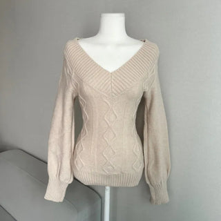 Cable Knit V-Neck Off-Shoulder Slim Fit Zoomy Waist-tight