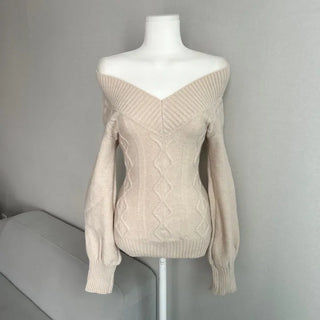 Cable Knit V-Neck Off-Shoulder Slim Fit Zoomy Waist-tight