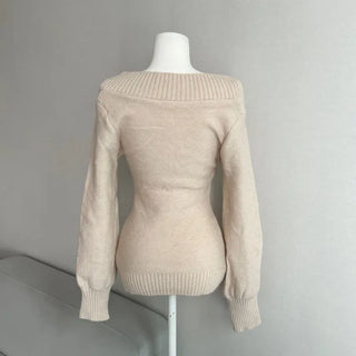 Cable Knit V-Neck Off-Shoulder Slim Fit Zoomy Waist-tight