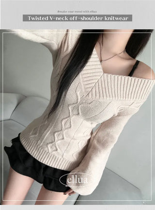 Cable Knit V-Neck Off-Shoulder Slim Fit Zoomy Waist-tight