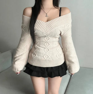 Cable Knit V-Neck Off-Shoulder Slim Fit Zoomy Waist-tight