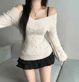 Cable Knit V-Neck Off-Shoulder Slim Fit Zoomy Waist-tight