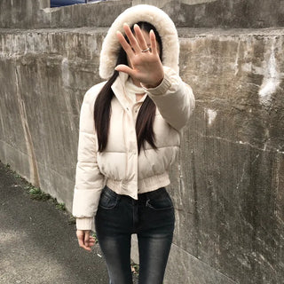 Fur hooded cropped padded jacket short shearling lightweight
