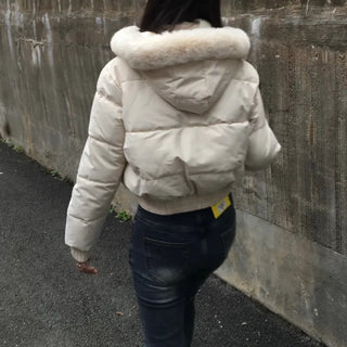 Fur hooded cropped padded jacket short shearling lightweight