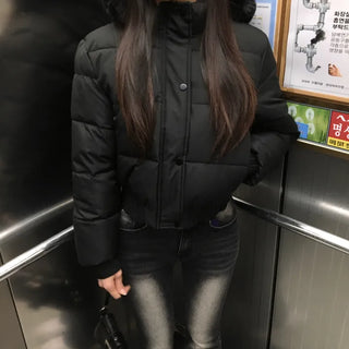 Fur hooded cropped padded jacket short shearling lightweight