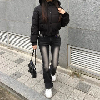 Fur hooded cropped padded jacket short shearling lightweight