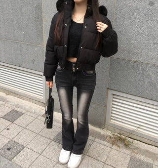 Fur hooded cropped padded jacket short shearling lightweight