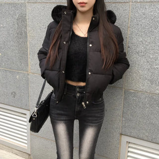 Fur hooded cropped padded jacket short shearling lightweight