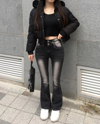 Fur hooded cropped padded jacket short shearling lightweight