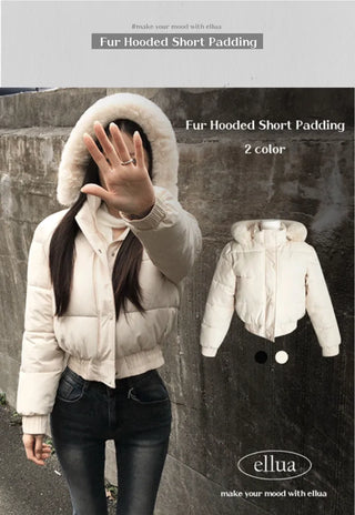 Fur hooded cropped padded jacket short shearling lightweight
