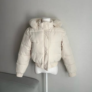 Fur hooded cropped padded jacket short shearling lightweight