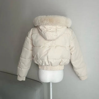 Fur hooded cropped padded jacket short shearling lightweight
