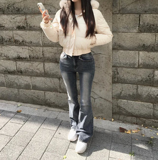 Fur hooded cropped padded jacket short shearling lightweight