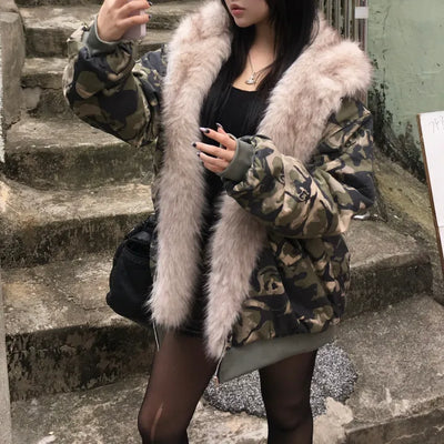 Camo Fur Quilted Padded Jacket Hooded Oversized Loose