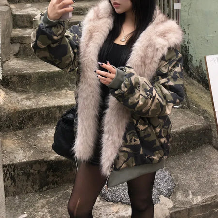 Camo Fur Quilted Padded Jacket Hooded Oversized Loose