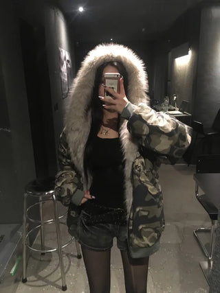Camo Fur Quilted Padded Jacket Hooded Oversized Loose