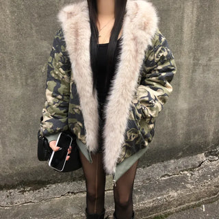Camo Fur Quilted Padded Jacket Hooded Oversized Loose