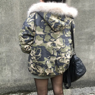 Camo Fur Quilted Padded Jacket Hooded Oversized Loose