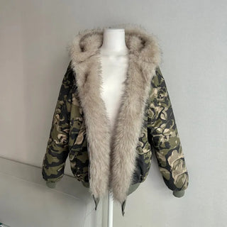 Camo Fur Quilted Padded Jacket Hooded Oversized Loose