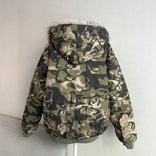 Camo Fur Quilted Padded Jacket Hooded Oversized Loose