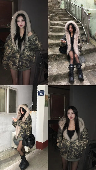 Camo Fur Quilted Padded Jacket Hooded Oversized Loose