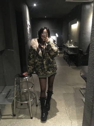 Camo Fur Quilted Padded Jacket Hooded Oversized Loose