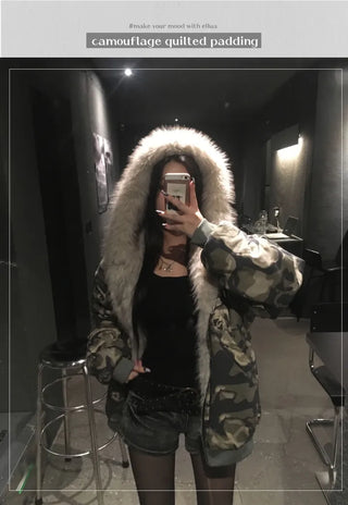 Camo Fur Quilted Padded Jacket Hooded Oversized Loose