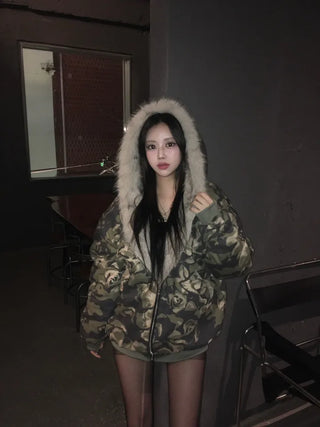 Camo Fur Quilted Padded Jacket Hooded Oversized Loose