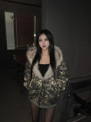 Camo Fur Quilted Padded Jacket Hooded Oversized Loose