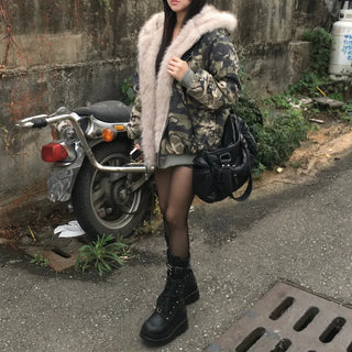 Camo Fur Quilted Padded Jacket Hooded Oversized Loose