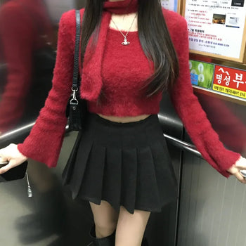 Scarf Set Angora Crop Knit Year-end Look Cardigan