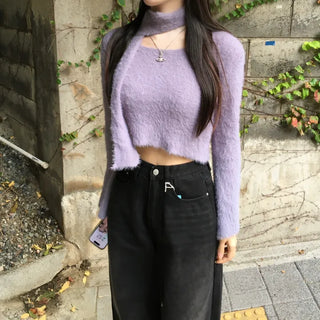 Scarf Set Angora Crop Knit Year-end Look Cardigan
