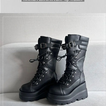 Funky Platform Boots Lace-up Long Work Round Neck