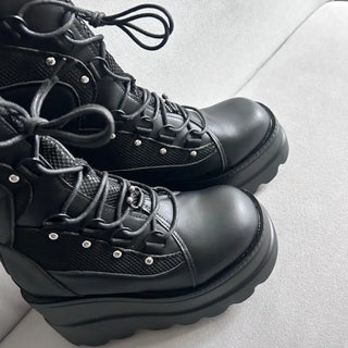 Funky Platform Boots Lace-up Long Work Round Neck
