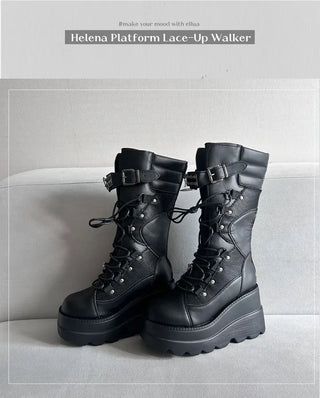 Funky Platform Boots Lace-up Long Work Round Neck