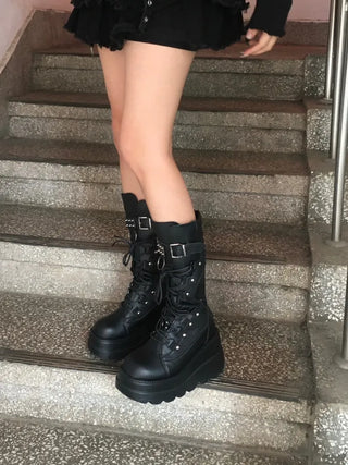Funky Platform Boots Lace-up Long Work Round Neck