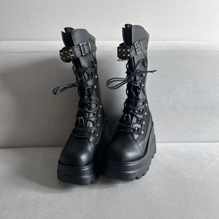 Funky Platform Boots Lace-up Long Work Round Neck