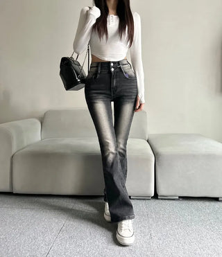 Hip-up Vintage Pelvic Pad High-waisted Bootcut Denim Pants