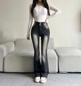 Hip-up Vintage Pelvic Pad High-waisted Bootcut Denim Pants