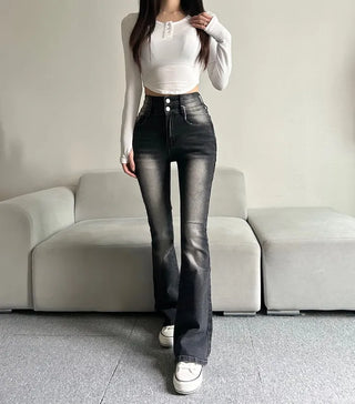 Hip-up Vintage Pelvic Pad High-waisted Bootcut Denim Pants
