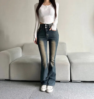 Hip-up Vintage Pelvic Pad High-waisted Bootcut Denim Pants