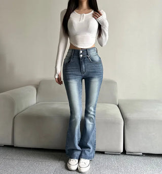 Hip-up Vintage Pelvic Pad High-waisted Bootcut Denim Pants