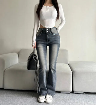Hip-up Vintage Pelvic Pad High-waisted Bootcut Denim Pants