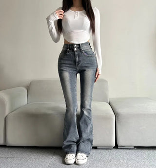 Hip-up Vintage Pelvic Pad High-waisted Bootcut Denim Pants