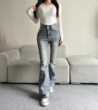 Hip-up Vintage Pelvic Pad High-waisted Bootcut Denim Pants
