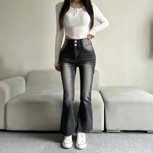 Hip-up Vintage Pelvic Pad High-waisted Bootcut Denim Pants
